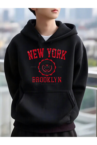 DEEPSENCE Unisex Μαύρο με κουκούλα Oversize Φούτερ NEW YORK PRINTED