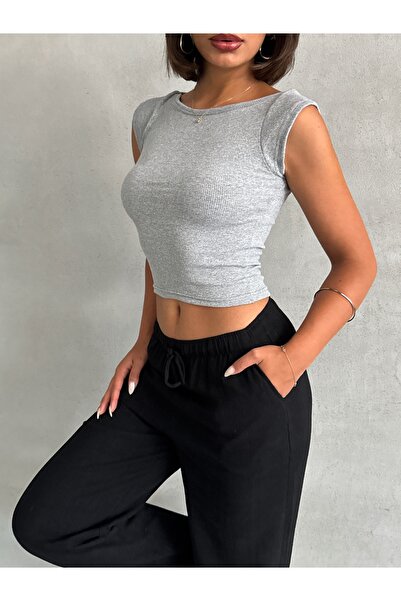 The Base Women's Gray Corduroy Boat Neck Boatneck Top