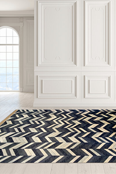 Royal Palace Viskon Dokuma Geometrik Kaymaz Taban Lacivert - Krem Oturma Odası Salon Halısı