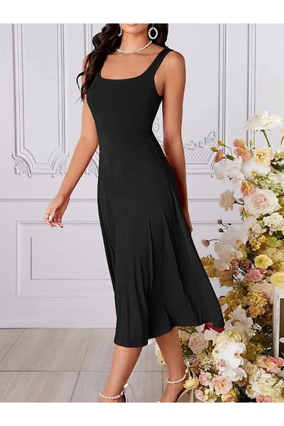 modamtn Women's Strap Geometric Collar Wide Cut Detailed Imported Crepe Dress