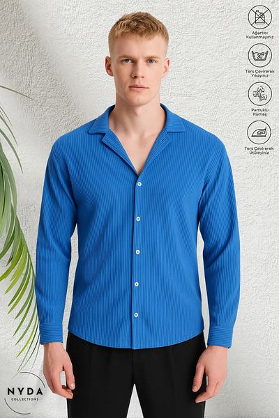 Nyda Collections Cămașă cu mânecă lungă de sezon din țesătură otomană din lycra pentru bărbați