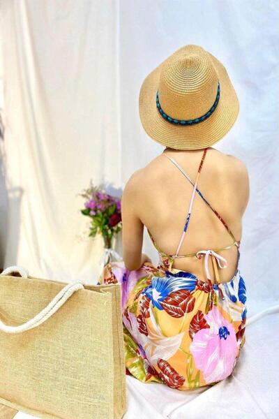 Yelo butik Μπλε λινό φόρεμα με χαμηλή πλάτη
