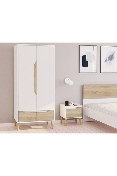 Danube Home خزانة ملابس أورورا ببابين مع درج - أبيض / طبيعي، الطول 80 سم × العرض 53 سم × الارتفاع 181.7 سم