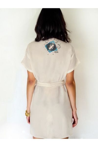 Kidilia Ecru Color Low Sleeve Muslin Kimono with Pisces Design