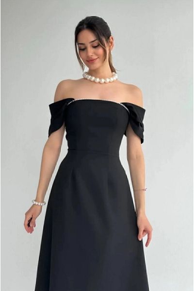 OLSAMODA Women's Atlas Fabric Midi Length Wedding Engagement Promise Invitation Dress with Pearl Detail at the Collar