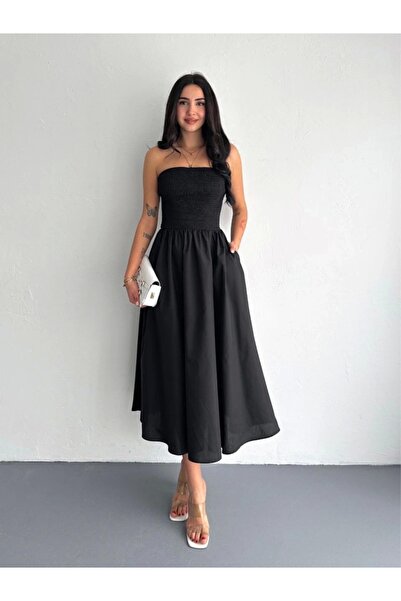 trovexa فستان نسائي بدون حمالات بثنيات - أسود