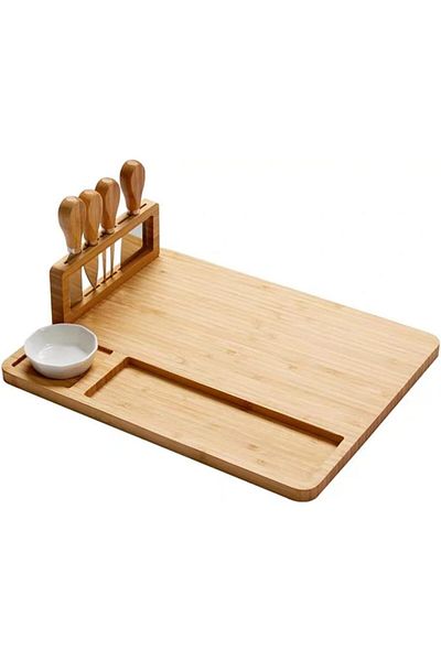 genric 5 Pieces Bamboo Cheese Board, Fork, Spoon, Teaspoon, Knife Set, Board