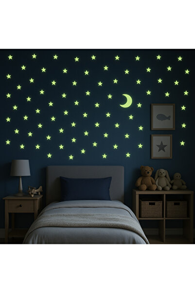 mertyavm 100 Adet Fosforlu Yıldız (4cm) ve Ay (8cm) Çocuk Odası Duvar Pvc Sti...