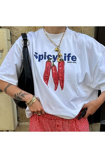 MAYDAY CULTURE Oversize White Unisex Mold Tshirt Printed T-Shirt Spicy Life Pepper Tee