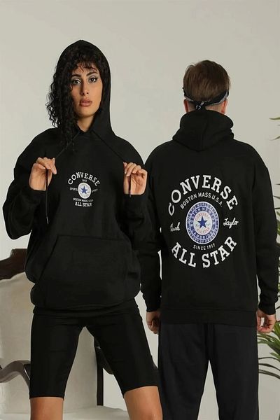 SuQ Men's Back Printed Oversize Three Thread Hooded Hoodie Sweatshirt - Black