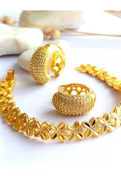 RSB Bijuteri Küpe Halka ve Bileklik Zirkon Taş Altın Kaplama 316 L Çelik 2'li Set + Hediye Paket