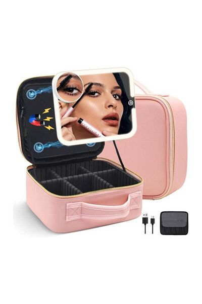 TERRION Makeup Bag with Lighted Mirror – Large Waterproof Travel Case, 360° Adjustable, 3 Light Colors