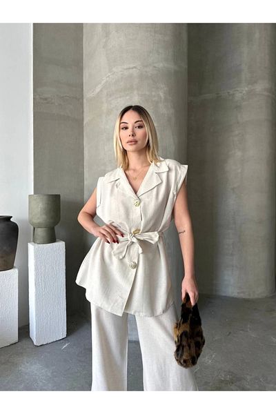 modamtn Linen Zero Sleeve Belted Jacket Trousers Double Set - White
