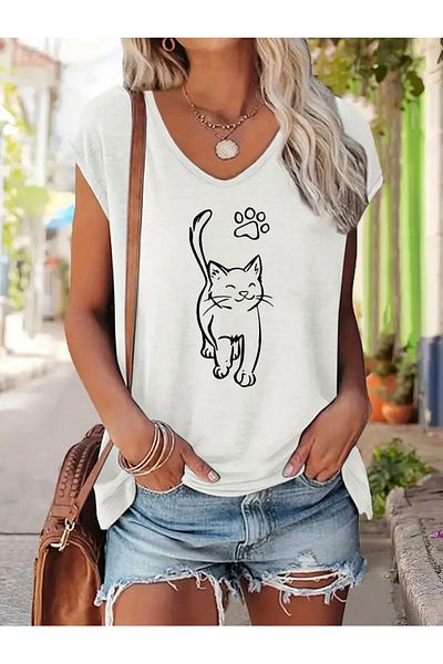 FUFLUNS Cat Printed Women's Oversize Sleeveless T-Shirt