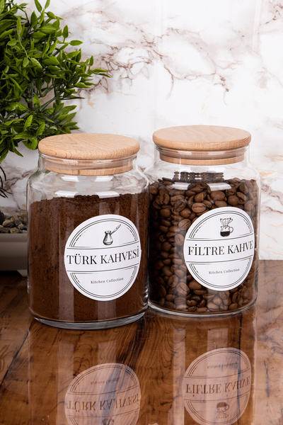 2 Adet Cam Kavanoz Türk Kahvesi & Filtre Kahve Saklama Kabı Ahşap Vakum Kapaklı 800 ml