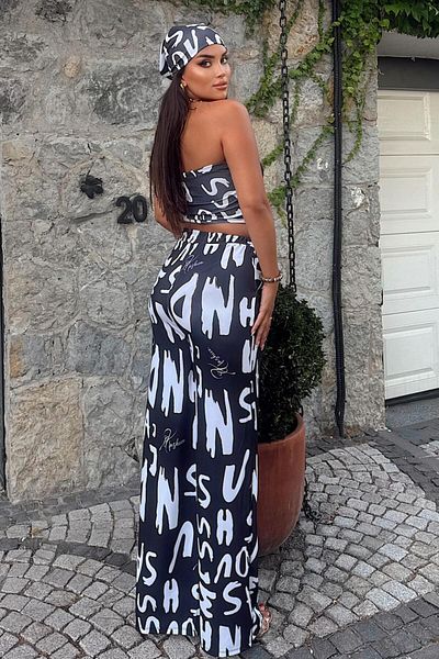 Baby xclub Pantaloni largi, confortabili, largi, pentru femei, cu crop elastic și costum din trei piese bandana - Combinație de modă de vară