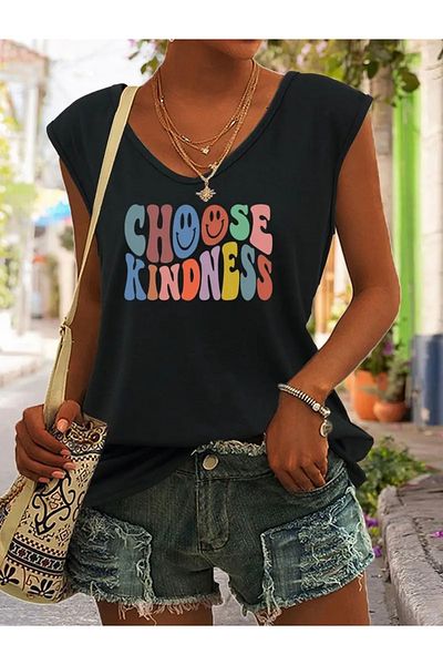 FUFLUNS Choose Kindness Printed Women's Oversize Sleeveless T-Shirt