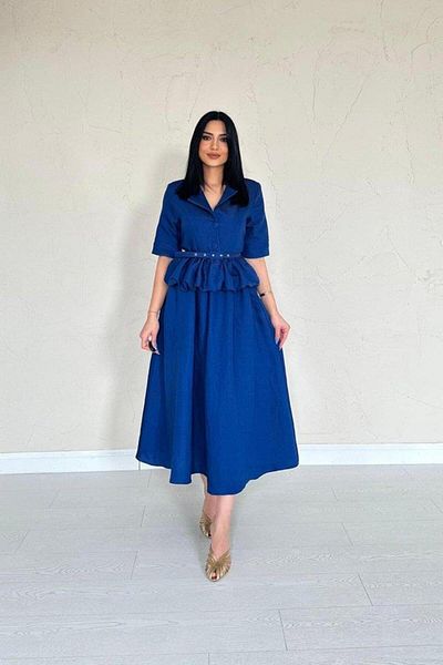 modamtn Navy Blue Thin Belted Ruffle Jacket and Gathered Skirt Set