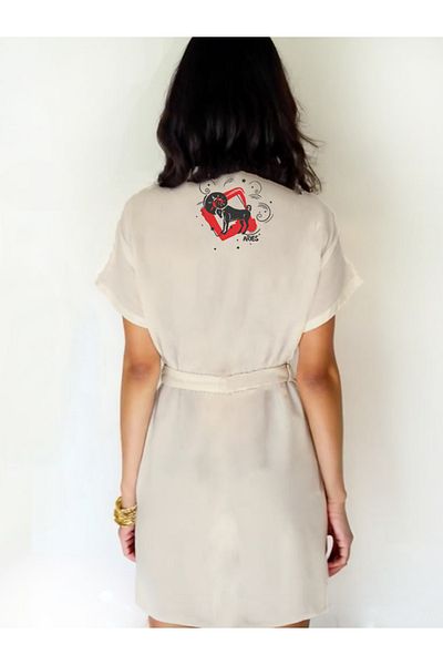 Kidilia Ecru Color Low Sleeve Muslin Kimono with Aries Design