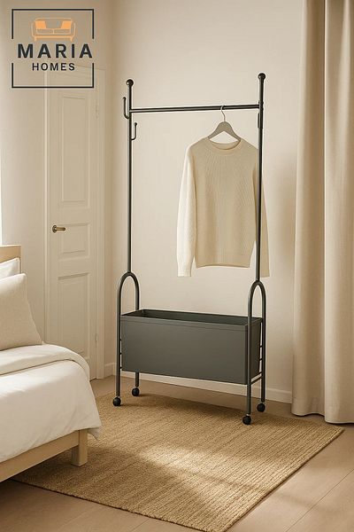 MARIA HOMES Industrial Black Rolling Garment Stand with Storage Bin – Wath 9002