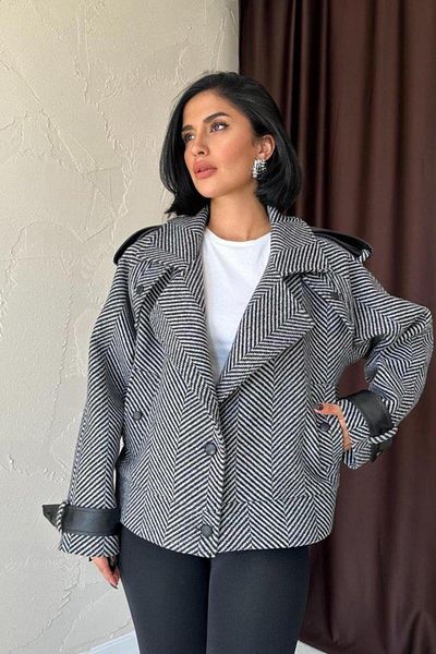 Silerra Gray Striped Leather Garnished Jacket