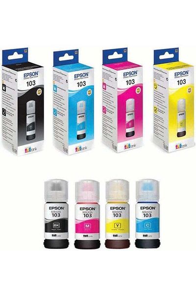EPSON مجموعة من 4 زجاجات حبر 103 باللون الأسود والسماوي والأصفر والأرجواني