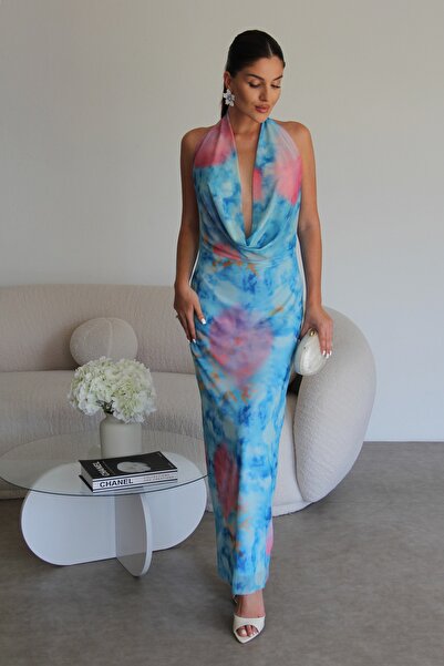 Julidress Degaje Yaka Sırt Dekolteli Desenli Astarlı Premium Şifon Tül Elbise