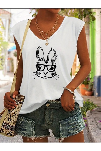 FUFLUNS تي شيرت نسائي بدون أكمام مطبوع عليه أرنب مع نظارات