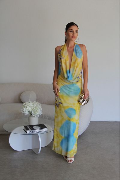 Julidress Degaje Collar Back Low-Cut Patterned Lined Premium Chiffon Tulle Dress