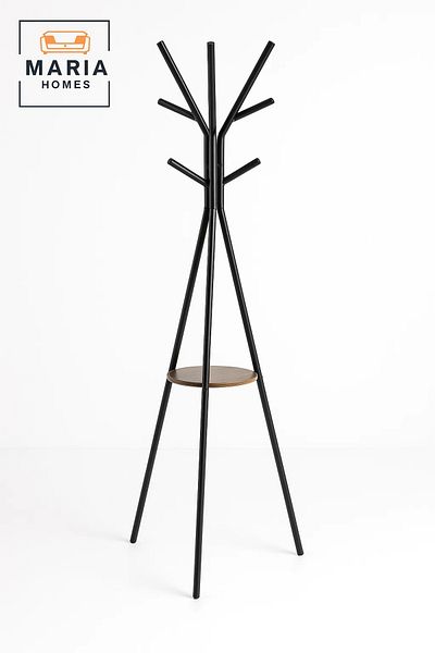 MARIA HOMES Wath LJ-F Black Tripod Coat Rack with Wooden Shelf