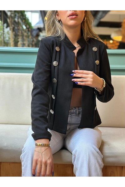 veronika Jachetă scurtă de piele de căprioară, cu mânecă lungă, cu guler, cu nasturi laterali