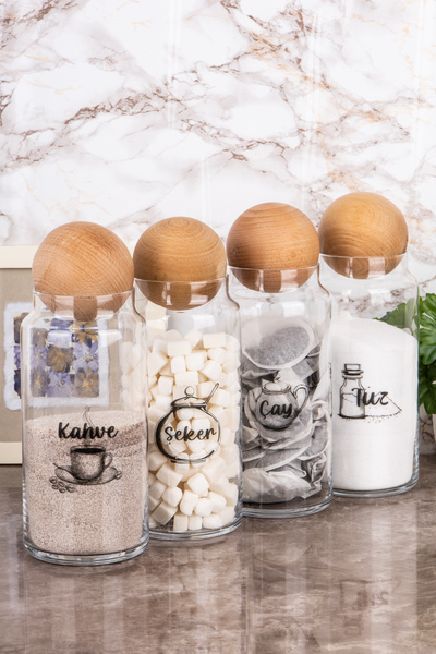 Minya Home 4'lü Cam Kavanoz Seti Dekoratif Top Kapaklı Çay Şeker Kahve Tuz Sa...