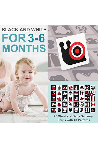 Junios Set of 40 visual and cognitive stimulation images for babies, white, black, red cards, 3-6 months