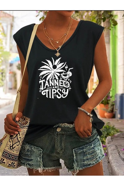 FUFLUNS تي شيرت نسائي كبير الحجم بدون أكمام مطبوع عليه TANNED AND TIPSY