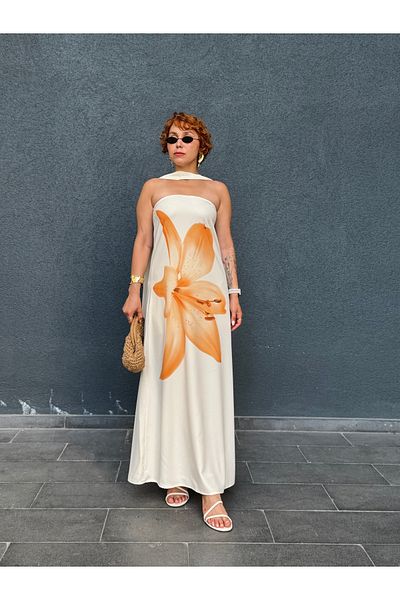 Bak'ap Premium Zipper Lily Flower Patterned Long Strapless Dress with Scarf