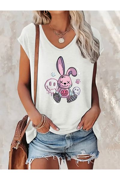 FUFLUNS Cute Rabbit Printed Women's Oversize Sleeveless T-Shirt