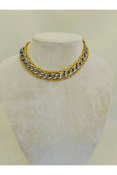 OITA Chain Multiple Gold and White Metal Mixed Necklace