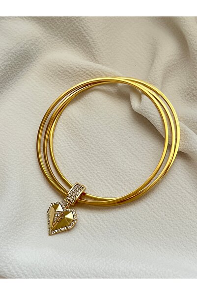 Çelik Lucky Store 3’lü Altın Kaplama Ajda Model Bilezik Zirkon Taş Kalp Charm’lı