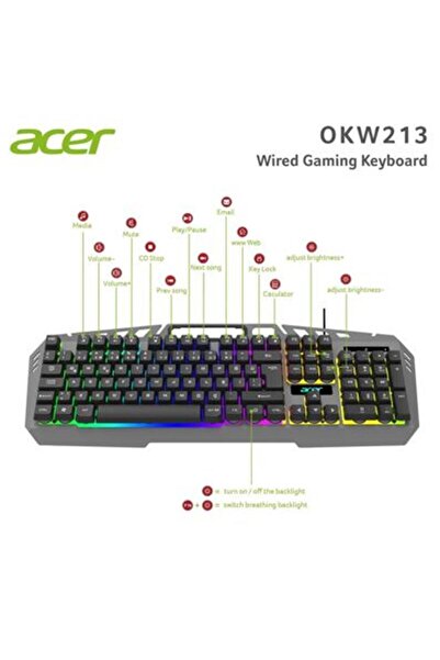 Acer OKW213 Gri RGB Rainbow Backlit Gaming Keyboard Rainbow (Kablo Uzunluğu 1,5mt)
