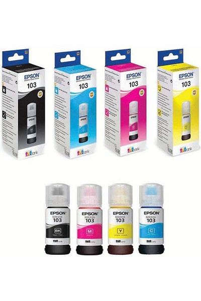 EPSON مجموعة من 4 زجاجات حبر 103 باللون الأسود والسماوي والأصفر والأرجواني