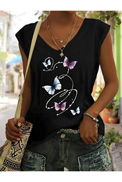 FUFLUNS TRICOU DE DAMĂ FĂRĂ MÂNECI OVERSIZE CU IMPRIMEU BUTTERFLY