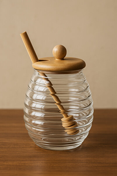 CEZVE HOME Glass Honey Jar with Bamboo Lid and Spoon -340Ml