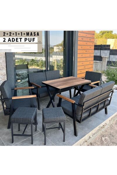 Kırlenta 2 2 1 1 Yemek Masası Ve 2 Adet Puf Antrasit Bahçe Takımı Balkon Takımı Bahçe Seti Oturma Grubu