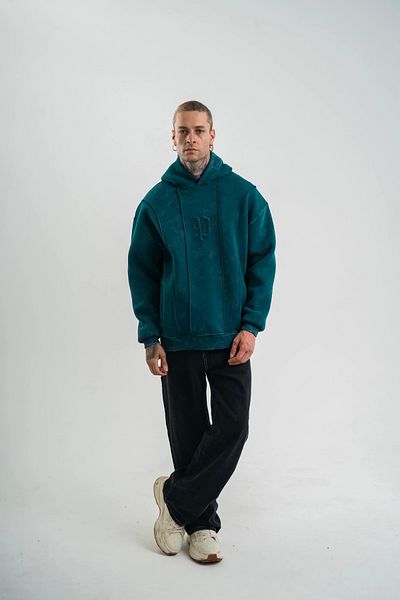SuQ Unisex Long Sleeve Hooded Washed Embroidered Sweatshirt - Dark Sea Green