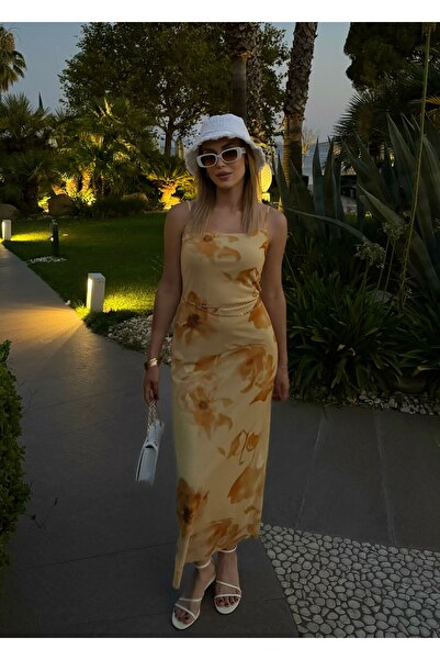 RAVİ Sarı ayarlanabilir askılı çiçekli elbise