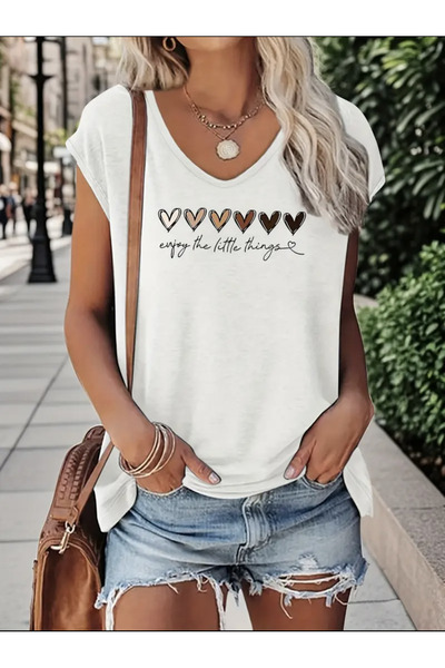 FUFLUNS تي شيرت نسائي بدون أكمام مطبوع على شكل قلب