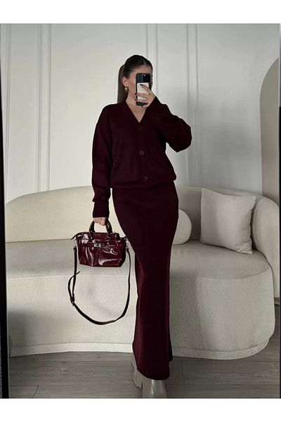 SuQ V-neck 3 button cardigan set knitwear double skirt - burgundy