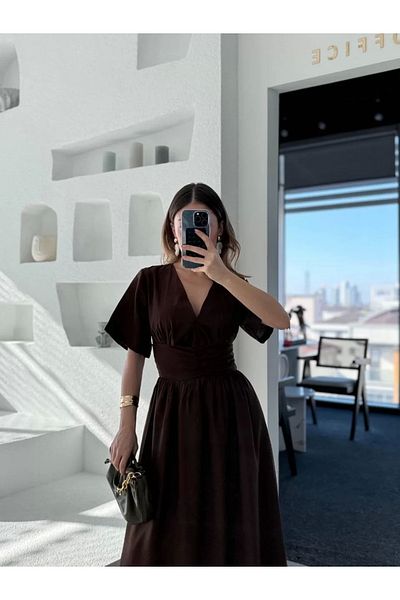 SuQ    Short Sleeve Long Dress - Brown