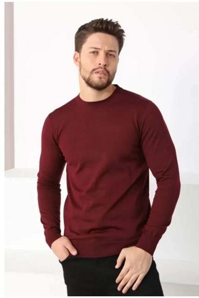 TeksAs Giyim    Unisex Long Sleeve Crew Neck Woven Knitwear - Claret Red