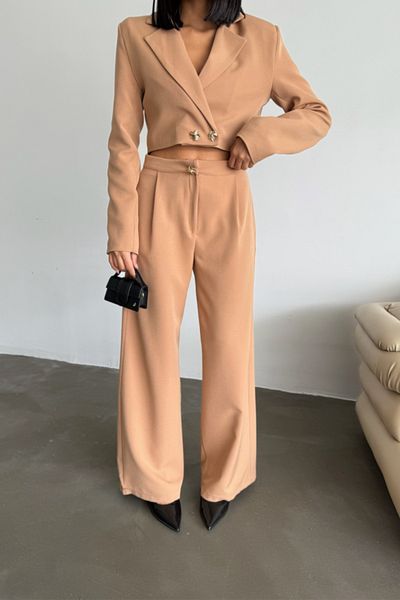 Weahus CO Crop Jacket - Pants Suit with Gold Button Detail - Brown